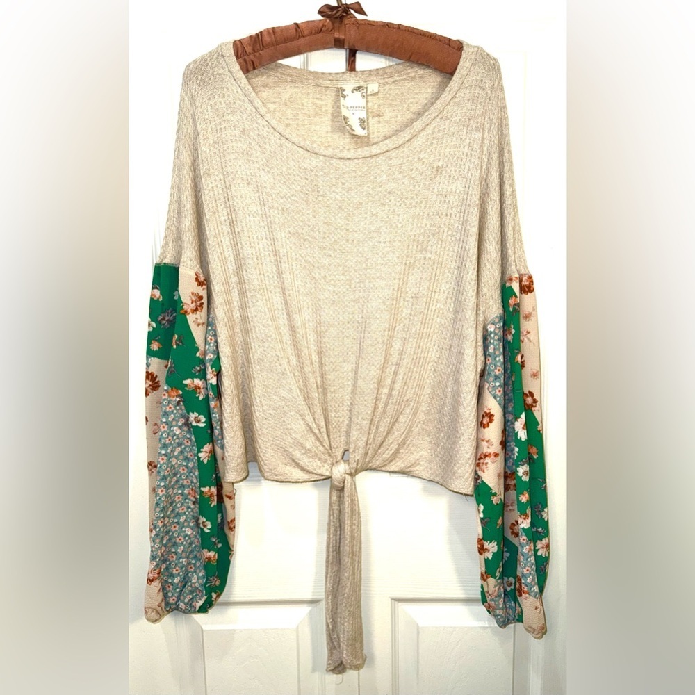 Blue Pepper Boho Waffle Knit Tie Front Top Floral Sleeve oversized Size S